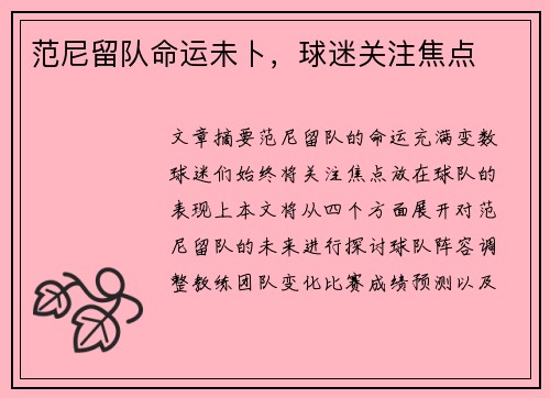 范尼留队命运未卜，球迷关注焦点